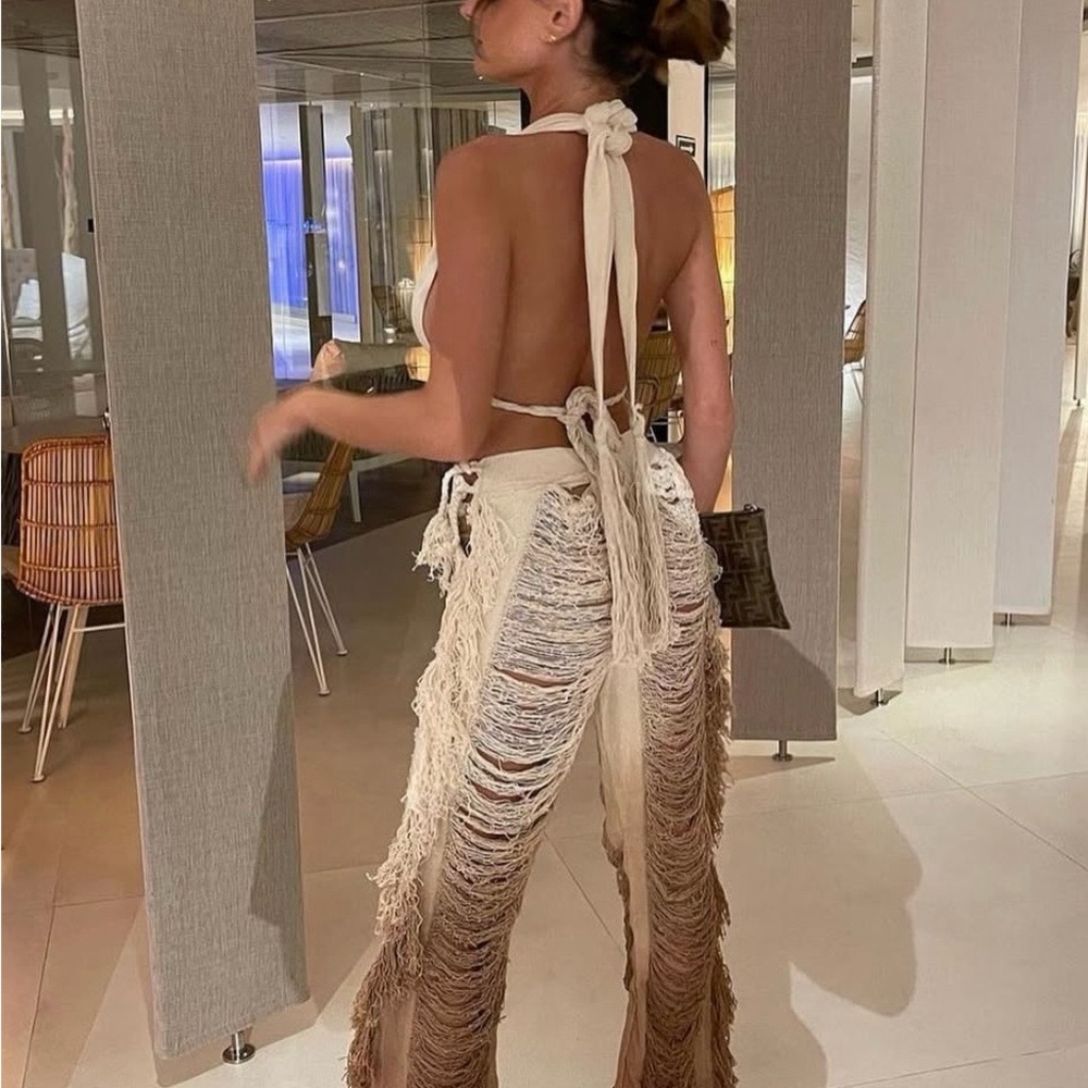 Ombre Fringed Open-Knit Wide-Leg Pants - Cream to Brown
